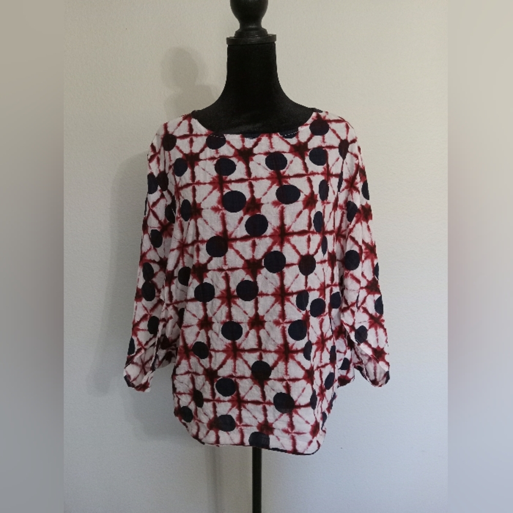Suzanne Betro Tye Dye Red & White with Dots Poncho Style Blouse